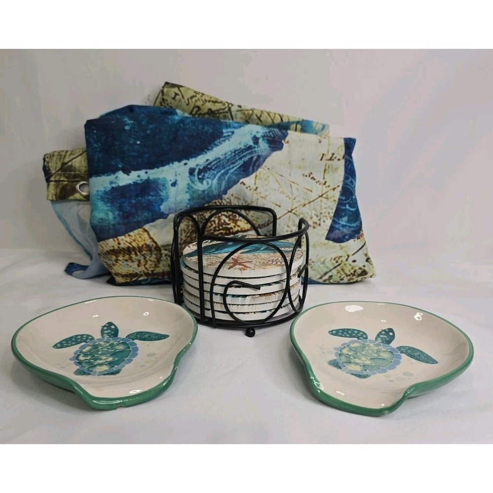 Beachy Home Decor Lot Coasters Shower Curtain Spoon‎ Rests